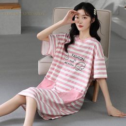 Women's Sleepwear Summer Cartoon Printing Knitted Kawaii Girls Sleep Dress Womens Nightgowns Nighttie Pink Sleepshirts Ladies Dresses Home