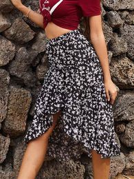 Skirts Women Casual Floral Skirt 2023 Summer Vacation Style Loose And Comfortable Slit Knee-length Ruffled High Waist