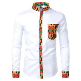 Men's Casual Shirts Mens Long Sleeve Print Patchwork Pocket Cardigan Tops Dashiki African Club Lapel Shirt Male Autumn Office Camisas