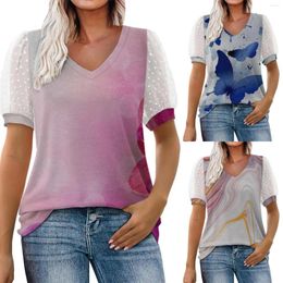 Women's T Shirts Floral Printed Mesh Fluffy Short Sleeved Bubble V Neck Ladies Long Sleeve Shirt Workout Women
