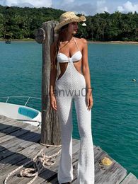 Womens Jumpsuits Rompers BoozRey Hollow Out Women Jumpsuit Halter Neck Backless 2022 Summer Sleeveless Beach White Overall Sexy Outfits Solid Streetwe J230629