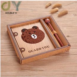 Creative Gift Set Cute Bear Sketchbook Wooden Cover Diary Notebook For Girls