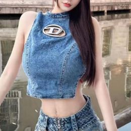 Women's Tanks Halter Off-shoulder Hollow Out Crop Top Sexy Backless Bandage Streetwear Denim Vest T-shirt Y2k Clothes Summer Vintage Chic