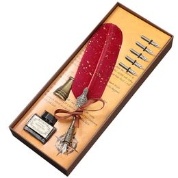 Pens Retro Luxury Fountain Pen Set Multiple Nibs with Ink Bottle Gift Box Vintage Elegant Sprinkling Feather Pen Dip Pen Stationery