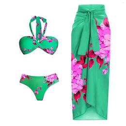 Women's Swimwear Sexy Printed Halter Neck Two Piece Bikini And Wrap Skirt Set High Top Teal