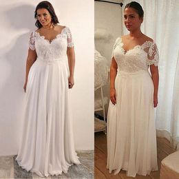 Plus Size Chiffon Brautkleider 2023 Sheer Neck Lace Top Kurze Ärmel Applikationen Custom Beach Brautkleider Brautkleid Vestidos De Novia