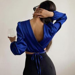 Women's Blouses Sexy Lace-Up Halter Wrap Short Blouse Women Elegant O Neck Lantern Sleeve Crop Tops 2023 Spring Fashion High Street