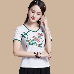 Ethnic Clothing Cheongsam Women's Plus Size Tops 2023 Fashion Cotton Blend Fabric Embroidery Splicing Short Sleeve Chinese Style Qipao