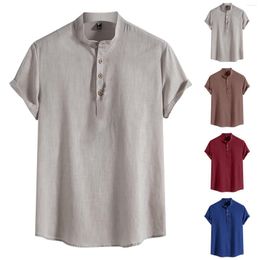 Men's Casual Shirts Summer Cotton Linen Shirt Men Solid Colour Loose Button Short Sleeve Henley-Shirt Blouses Beach Streetwear Tees