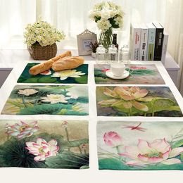 Table Napkin Chinese Painting Lotus Mandala Life 4 Pieces Set Kitchen Mats Cotton Linen Pattern Decorative Placemats