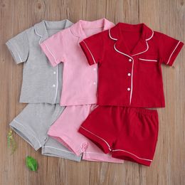 Clothing Sets Fashion Summer Little Boy Girl's 2 piece Pajama Children's Solid Cotton Casual Short Sleeve Button Top Short Suit 230628