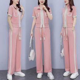 Sportswear Women's 2023 Summer Elegant Foreigner Fashion Short Sleeve Solid Tie Wide Pants Two Piece Set jogging suits ladies tracksuits