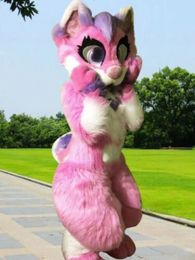 Cute Pink Long Fur Dog Mascot Costume Husky Fox Fursuit Halloween Suit