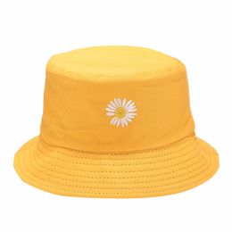 Reversible Summer Bucket Hats Flower Fishing Hat Cotton Women Hats Korea Style Yellow Beige White