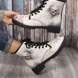 Boots Pmwrun British PU Women s Shoes Fashion Tooling Large Size Printing Autumn Ladies High top Skull Pattern women 230628