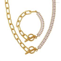 Necklace Earrings Set European And American OT Live Clasp Chain Sparkling Zircon Design Bracelet Titanium Steel Plated 18K Gold Jewellery