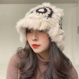 Hand Knitted Knitting Wool Hat Winter Versatile Fisherman's Hat Bucket Hat Sweet Cute Rabbit Hair Basin Hat Tide