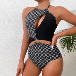 Women's Swimwear 2023 Folok Women Sexy Cutout One Piece Swimsuits Tummy Control High Waisted Halter Front Tie Knot Bathing Suit