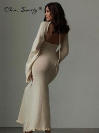 Basic Casual Dresses Elegant Summer Knitted Maxi Dress Long Sleeve Casual O-neck Holiday Beach Dresses Backless Evening Party Night Club Vestidos 230628