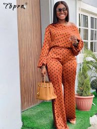 Women s Tracksuits Leisure Dot Printing Suit Puff Sleeve Blouse And Wide Leg Pants 2 Piece Set 2023 Spring Vacation O Neck Shirt Outfits 230629