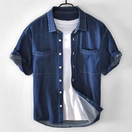 Men's Casual Shirts Men's 2023 Summer Men Demin Short Sleeve Button Down Cotton Jean Tops With Two Front Pockets Turn-down Collar