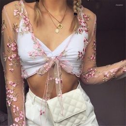 Women's Blouses Women Sexy Mesh See Through Floral Embroidery Crop Top Lady Summer Casual Long Sleeve Front Tie Up Blouse