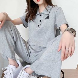 for women's summer new internet red and foreign outdoor style women sports tracksuits short top+wide leg pants two-piece set jogging suits