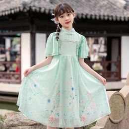 Ethnic Clothing Summer Dresses Vintage Cheongsams Girls Traditional Chinese Embroidery Chiffon Qipao Dress For Children Tang Suit Costumes