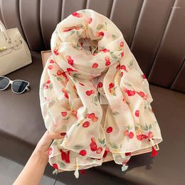 Scarves OMEA Cherry Pattern Scarf Women Spring Autumn Cotton Linen Feeling Long Shawl Cute Printing Hijab With Tassel Luxury