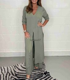 Women's Jumpsuits Rompers Casual 2 Pieces Suit with Long Top Matching Trouser Elegant High Slit Buttoned Longline Summer Casual Female Jumpsuits Outfits J230629