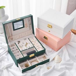 Storage Bags Travel Jewelry Organizer Mirror Box With Drawers Double Layer Earring Ring Necklace Bracelet For Desktop