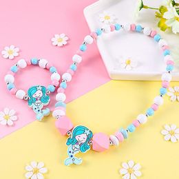 Necklace Earrings Set 2pcs/Set Fashion Natural Wood Beads Jewelry Cute Animal Pattern Bracelet For Kids Party Girl Birthday Gift