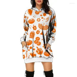 Casual Dresses Women's Hooded Pockets Tunic Sweatshirt Lightweight Printed Long Sleeve Pullover Hoodie Dress Hood Mini