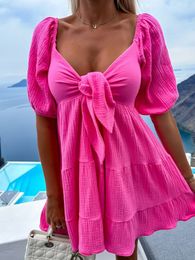 Summer Women Lace-Up Puff Sleeve Party Dress Solid Loungewear V-Neck Hollow Out Ladies Mini Dress Loose Sweet Streetwear Vestido