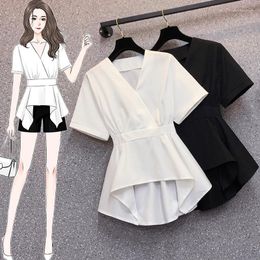 Women's Blouses Korean Chic Tops Blusas Women Fashion Shirts Flhjlwoc Slim Belly Peplum Design Ruffled V Neck Solid Colour Blouse Q156