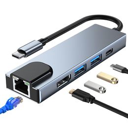 5 in 1 USB Type C to HDTV 4K Hub USB3.0 Gigabit 100M Ethernet Rj45 Lan 100W PD Adapter for Macbook Pro Docking Station Charger