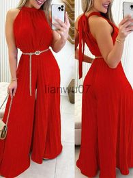 Women's Jumpsuits Rompers Elegant Women Fashion Red Green Sleeveless Jumpsuit Summer Sexy Halter Tied Detail Plain Pleated Wide Leg Casual Long Jumpsuit J230629