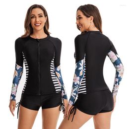 Women's Swimwear Female Beach Swimsuit Women 2023 Bath Suit Outwear Two Piece Set Long Sleeve Zipper Cardigan Print Nylon Push Up Tankini