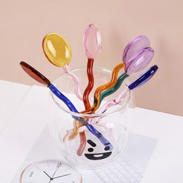 Coffee Scoops Creative Glass Milk Spoons Coloured Transparent Coffee Dessert Stirring Spoon Long Handle Round Kitchen Tableware Stirrer Rod 230628