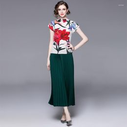 Women's Tracksuits 2023 Fashion Summer Two Piece Set Elegant Women Flower Print Short Sleeve Elastic Tops Green Wide-Leg Pleated Pants Suits