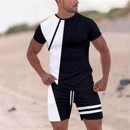 Herren-T-Shirt-Anzüge, Trainingsanzug, Tennis-Shorts, T-Shirt-Set, Farbblock, Rundhalsausschnitt, Outdoor, Straße, kurzärmlig, 2-teilig, Kleidung, Sport, Mode, Designer, Freizeit