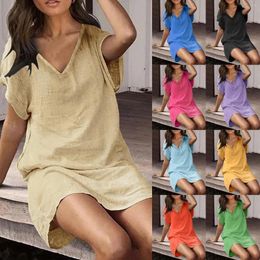Casual Dresses Women Solid T Shirt Short Sleeves V Neck Mini Dress Loose Comfortable Holiday Womens Stripped