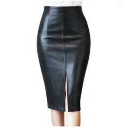 Skirts Women Sexy Slim Solid Black Temperament High Waist Split 2023 Spring Autumn Korean Style Pencil Leather Skirt OL Formal