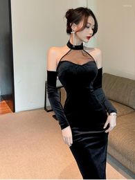 Casual Dresses Women Elegant Black Velvet Long Dress Spring Korean Vintage Sexy Evening Party Ladies Chic Clothes