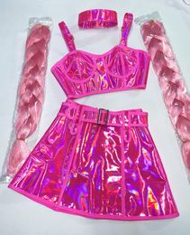 Stage Wear Fluorescent Pink Laser Tops Skirt Braid Wig Dance Costume Nightclub Bar DJ Gogo Sexy Rave Outfits Party Show Performance Clothes