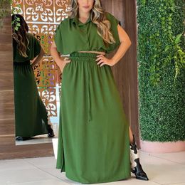 Work Dresses Two Piece Set Summer Autumn Women Party Dress Single Breasted Top High Split Maxi Skirt Holiday Beach Outfits Suit