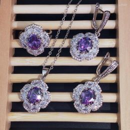 Necklace Earrings Set Purple Zircon Crystal Stone Flower Bracelet Ring Designer Copper Bridal Party Full Four-piece Jewellery
