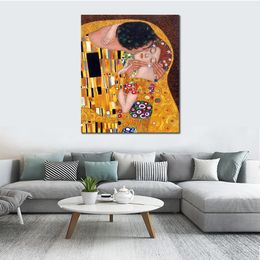 High Quality Reproduction of Gustav Klimt Painting The Kiss Brown Modern Canvas Art for Kitchen Room Hand Painted