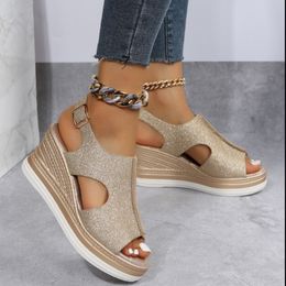 Sandals Cut Out Glitter Colour Golden Sier Women Casual Wedges One Line Buckle Peep Toe Summer Beach 230630