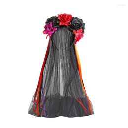 Hair Clips Long Veil Headband Day Of The Dead Ribbon Flower Hairband Cosplay Costume Headpiece For Women Halloween Decors